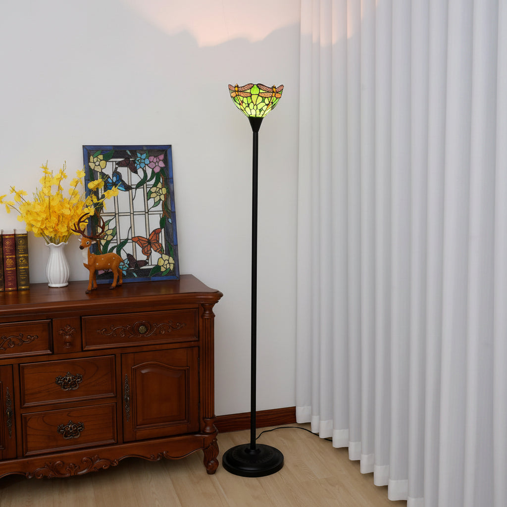Lampadaire Style Tiffany en Vitrail à Libellules Vertes