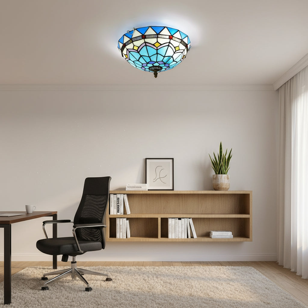Plafonnier Dôme en Vitrail Tiffany Bleu Géométrique