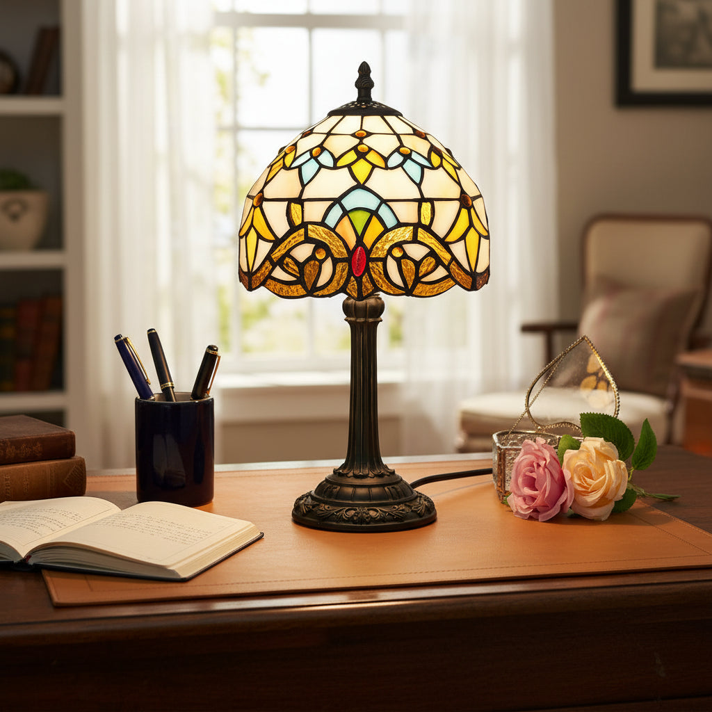 Lampe de Table Tiffany en Vitrail Jaune et Bleu