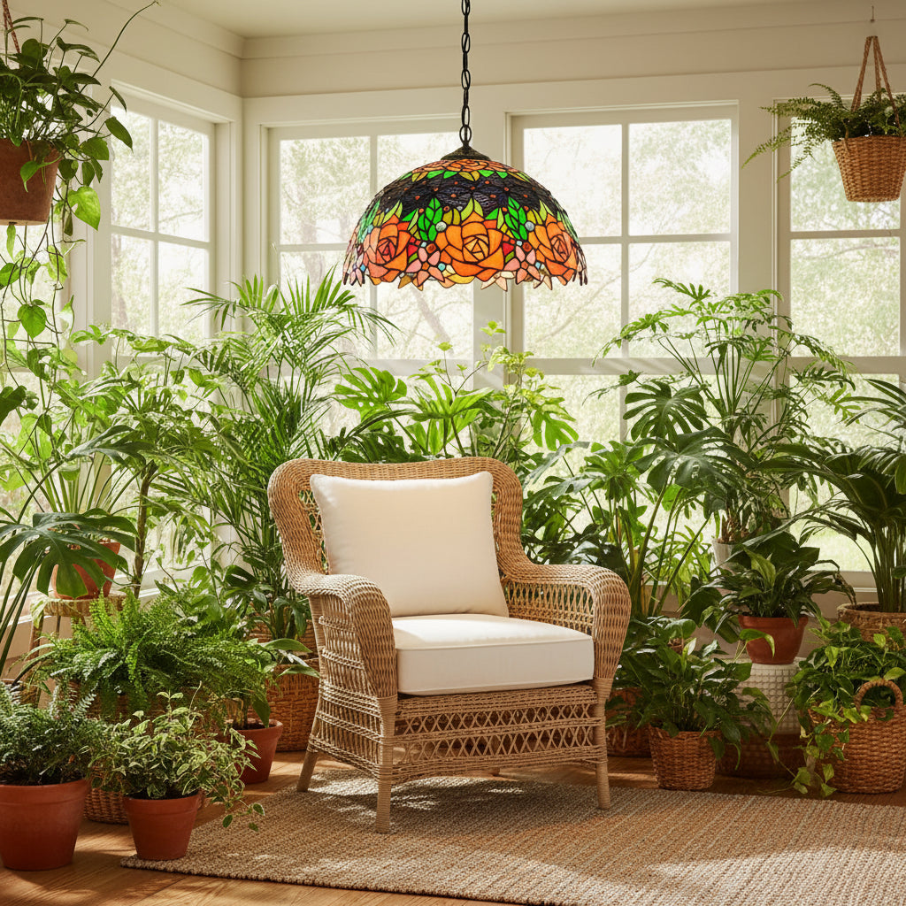 Suspension Tiffany à Vitrail de Roses Multicolores Ø40cm