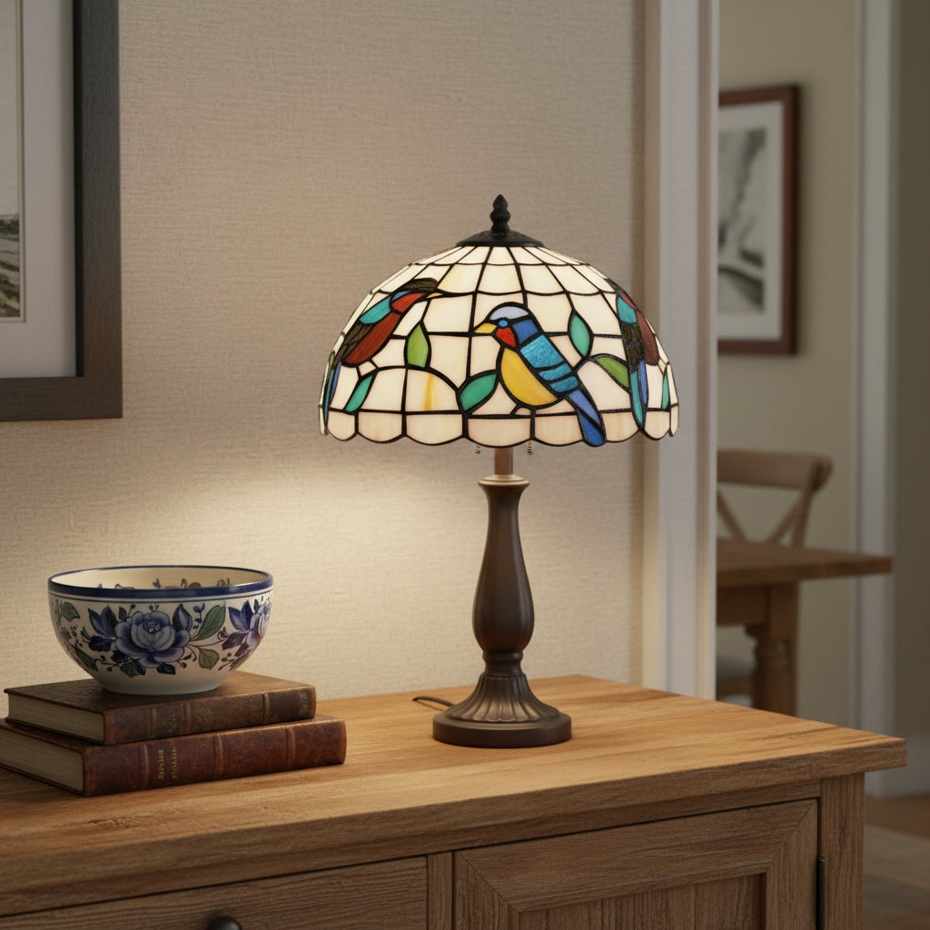 Abat-Jour en Verre Teinté Style Tiffany Oiseaux