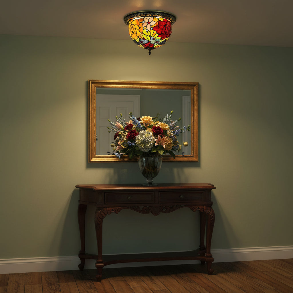 Plafonnier Tiffany Floral en Verre et Fer Forgé
