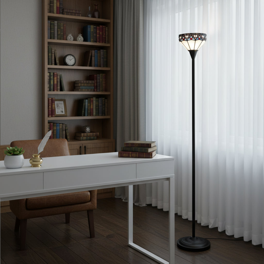 Lampadaire Style Tiffany avec Abat-jour Vitrail Géométrique