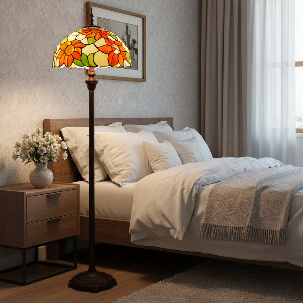 Lampadaire de Style Tiffany en Verre à Fleurs Oranges