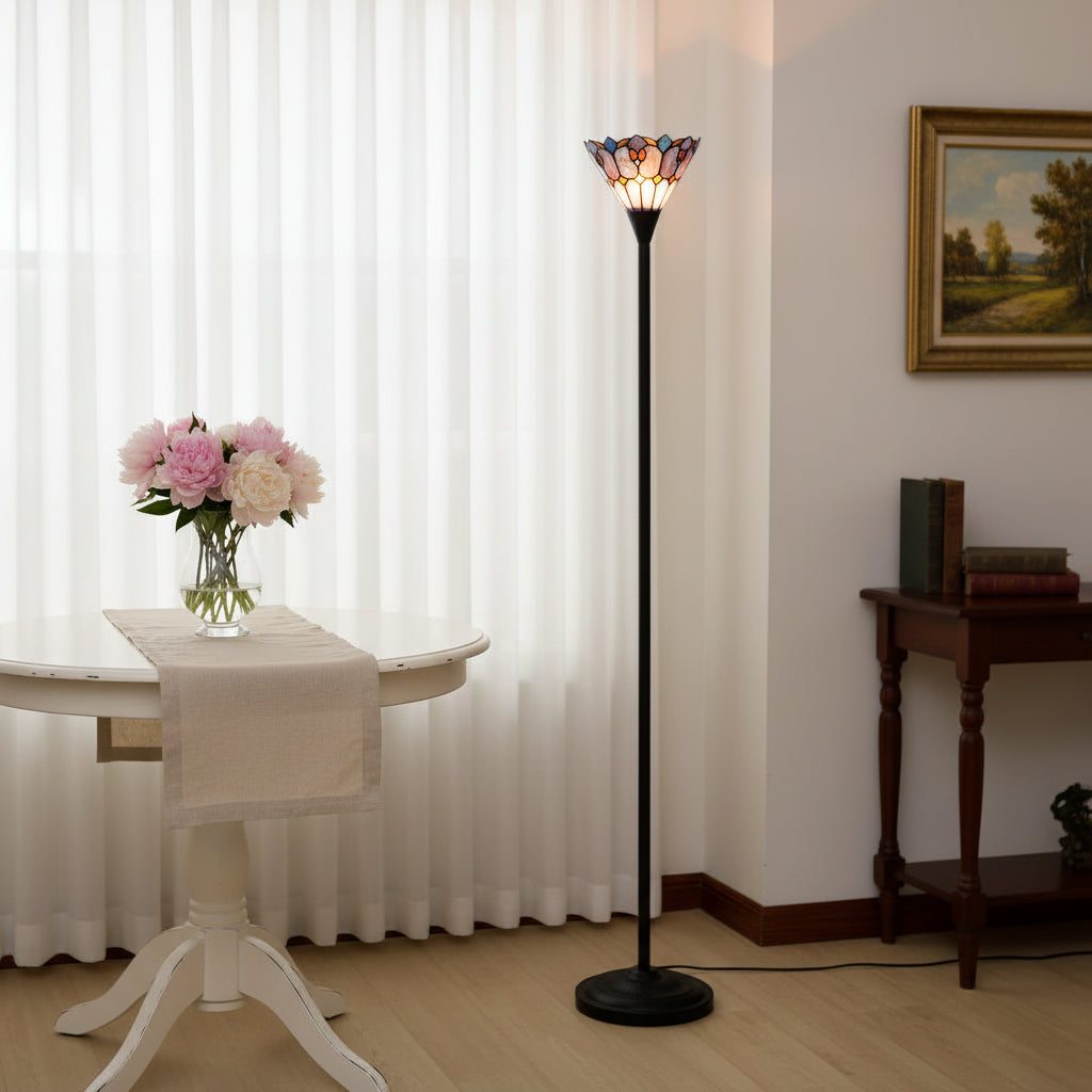 Lampadaire Tiffany en Vitrail Fleurs et Papillons