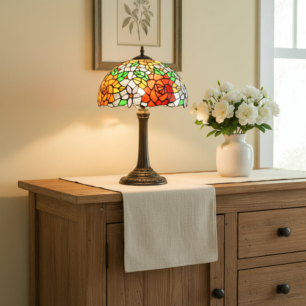 Lampe de Table en Vitrail Style Tiffany Roses