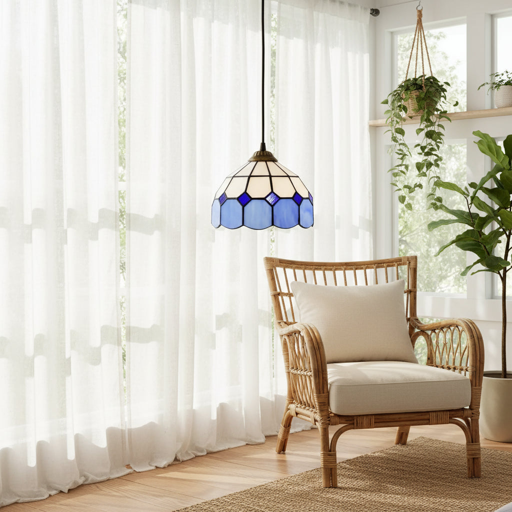 Suspension Luminaire Tiffany Géométrique Blanche et Bleue