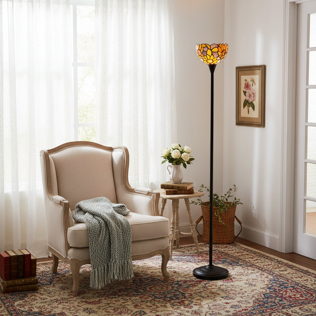 Lampadaire Tiffany Floral en Verre Jaune et Orange