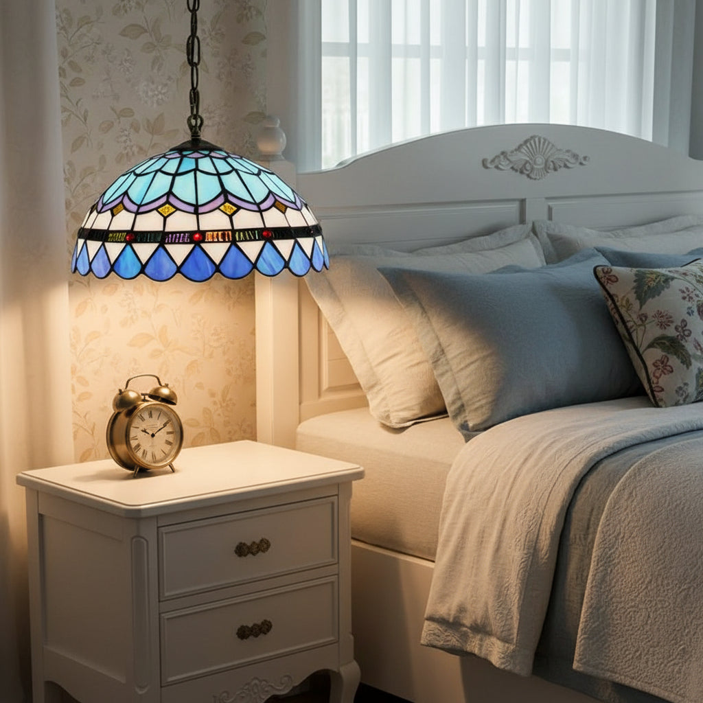 Suspension Luminaire en Vitrail Tiffany Bleue Géométrique D30cm