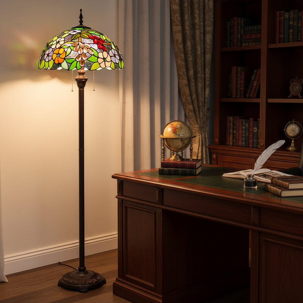 Lampadaire Style Tiffany en Verre Fleurs et Fruits