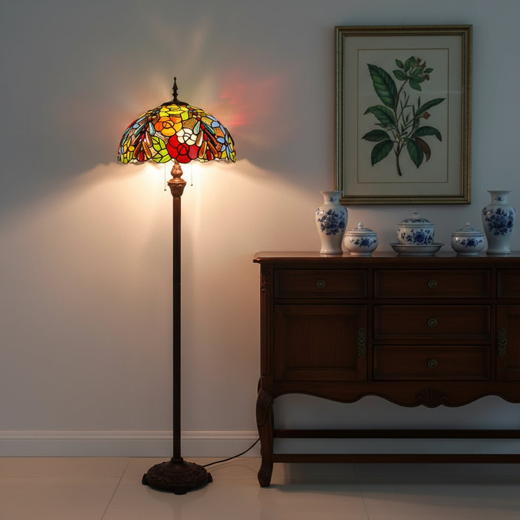 Lampadaire Style Tiffany Floral en Verre Multicolore