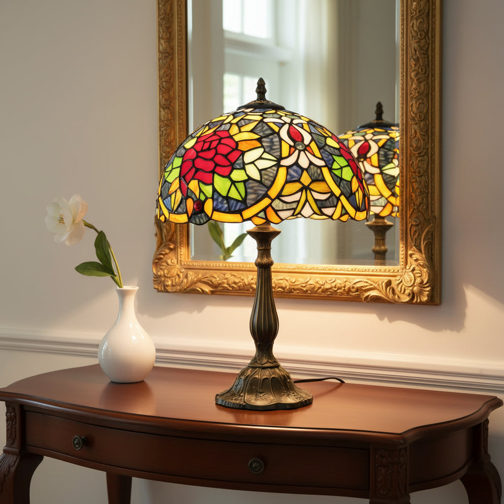 Lampe de Table Style Tiffany en Vitrail Rose Rouge