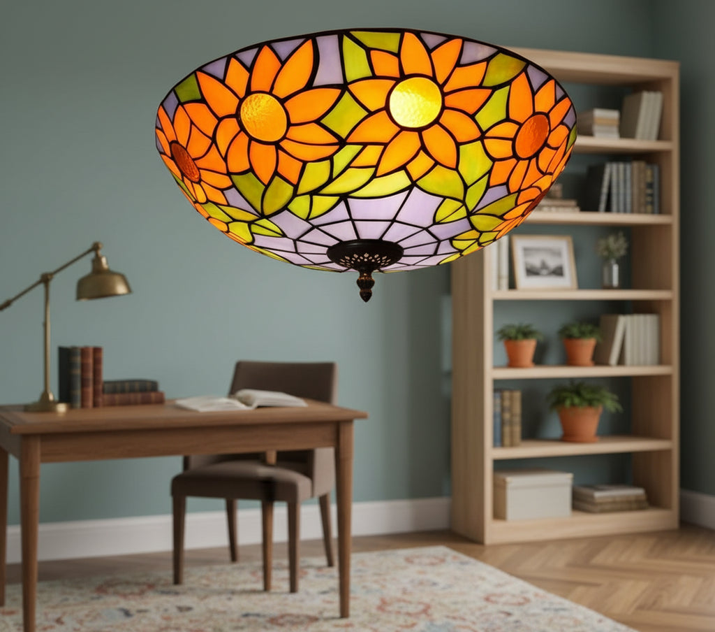 Plafonnier en Vitrail Style Tiffany Tournesols