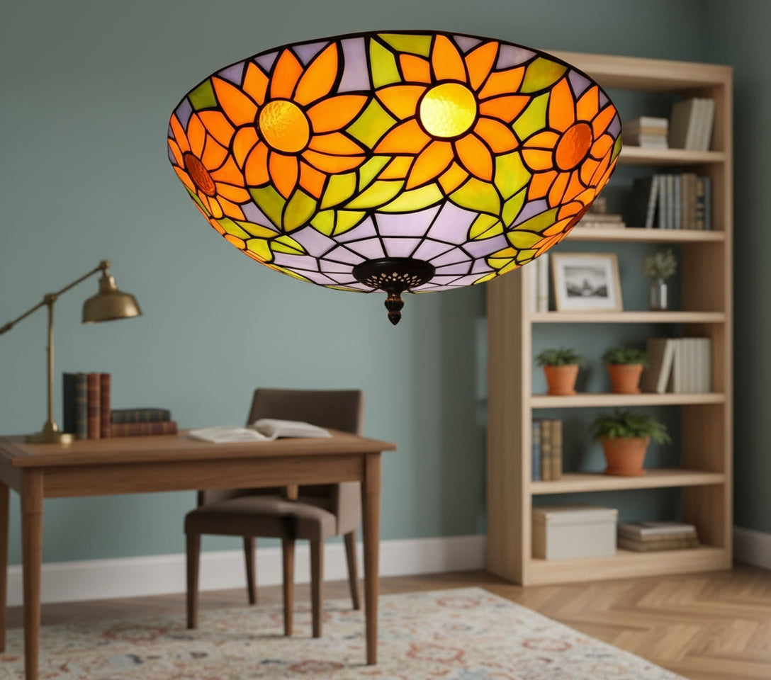 Plafonnier en Vitrail Style Tiffany Tournesols