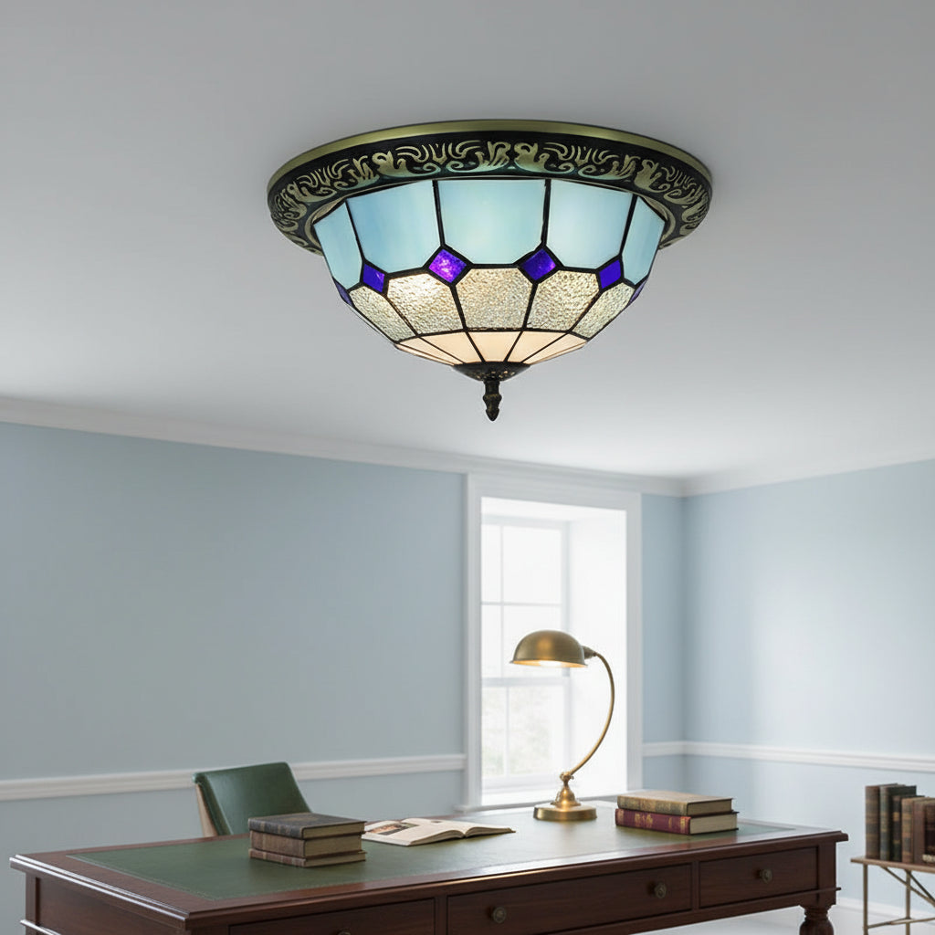 Plafonnier Style Tiffany Bleu Violet et Fer Forgé