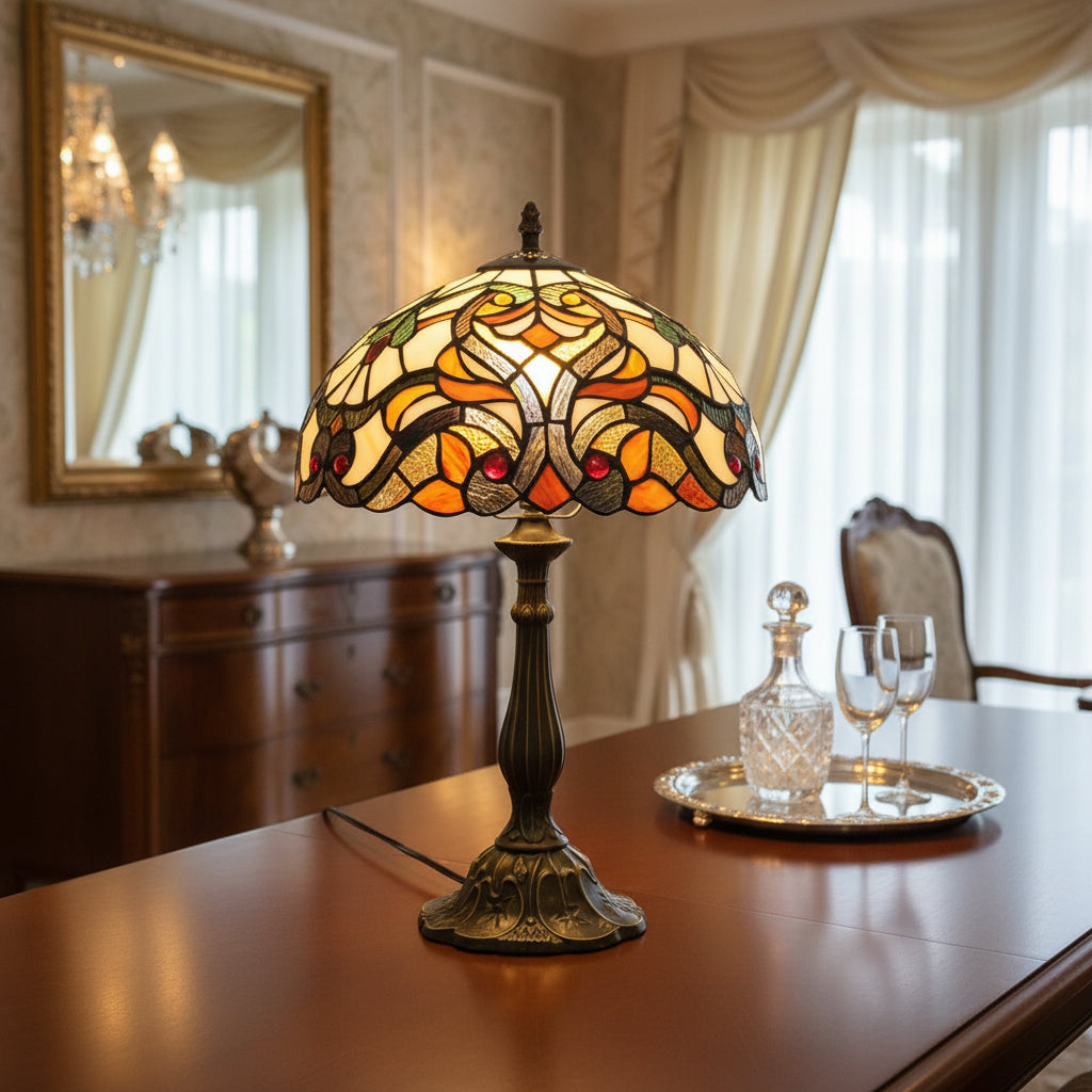 Lampe de Table Tiffany en Vitrail Ambre et Rouge