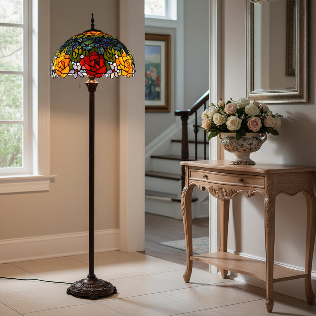 Lampadaire Style Tiffany en Vitrail Roses Rouges et Jaunes