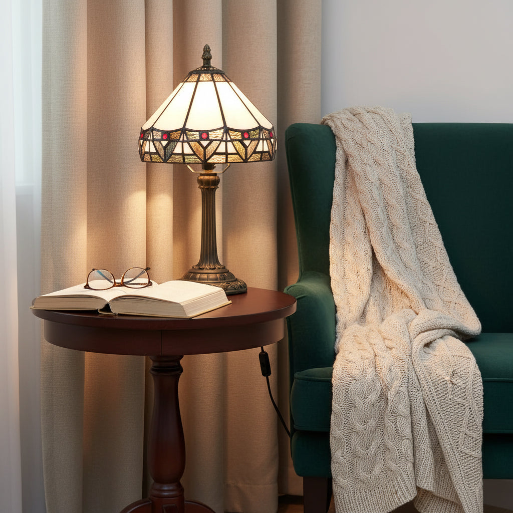 Lampe de Chevet en Vitrail Géométrique Style Tiffany Bronze