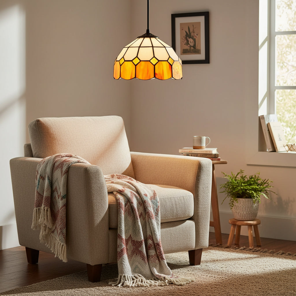 Suspension en Vitrail Style Tiffany Crème Orange Ø20cm