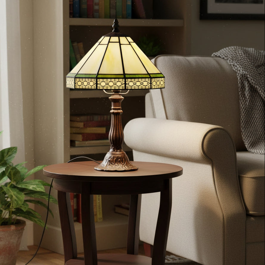 Lampe à Poser Tiffany en Vitrail Jaune et Vert