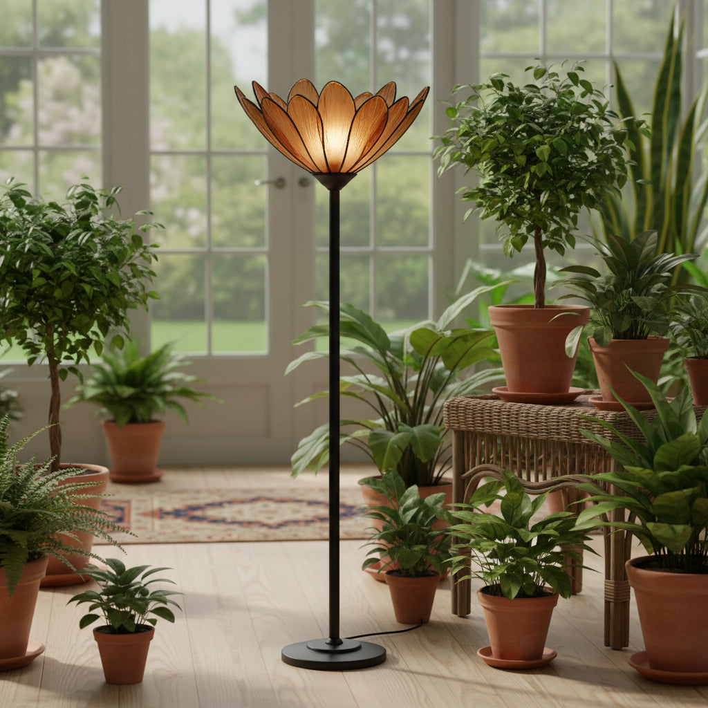 Lampadaire à Abat-jour Floral en Verre Ambré