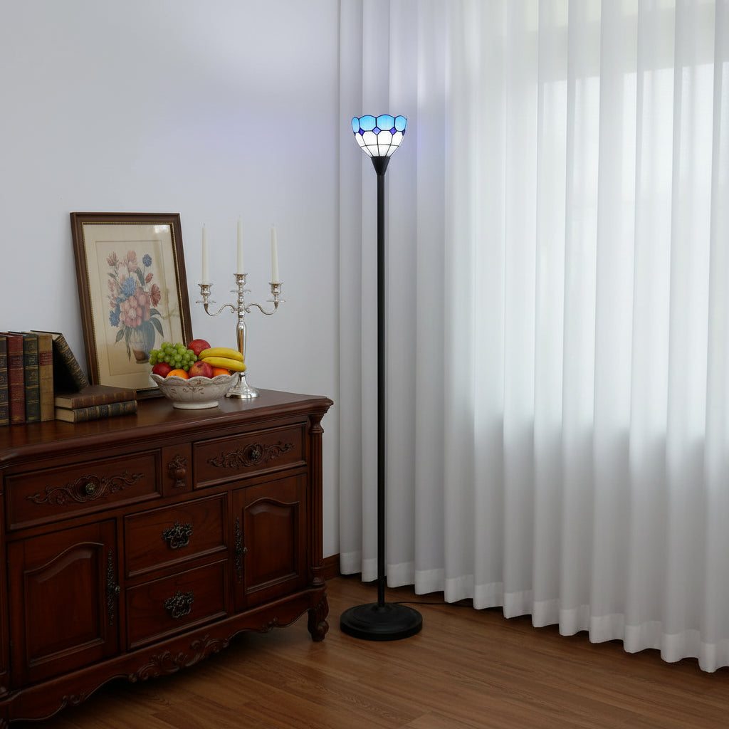 Lampadaire en Vitrail Bleu et Blanc à Forme de Tulipe