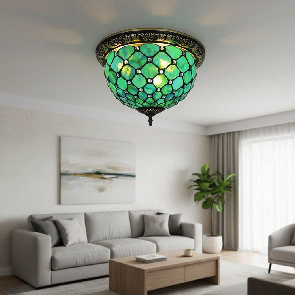 Plafonnier Style Tiffany en Vitrail Vert