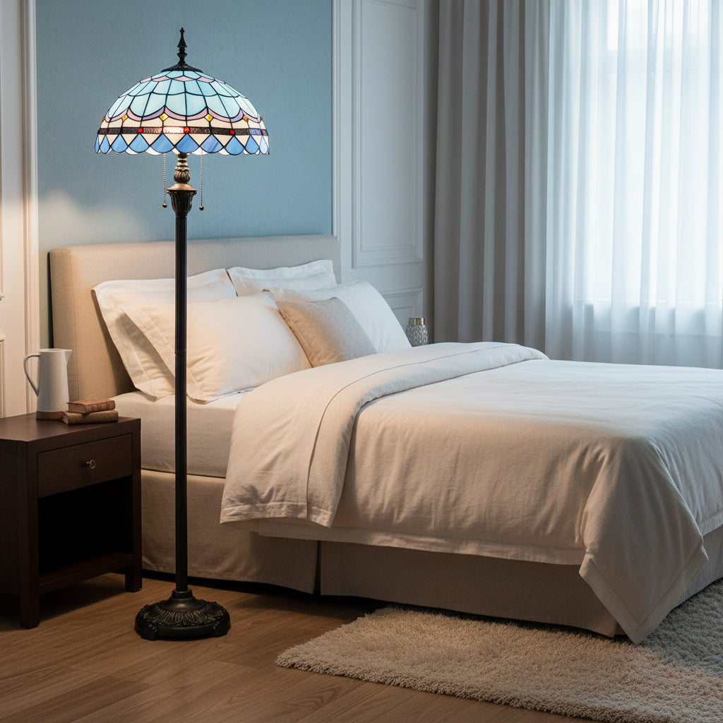 Lampadaire Style Tiffany en Vitrail Bleu et Multicolore