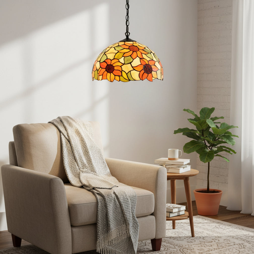 Suspension en Verre Teinté Motif Tournesol Dia 30cm