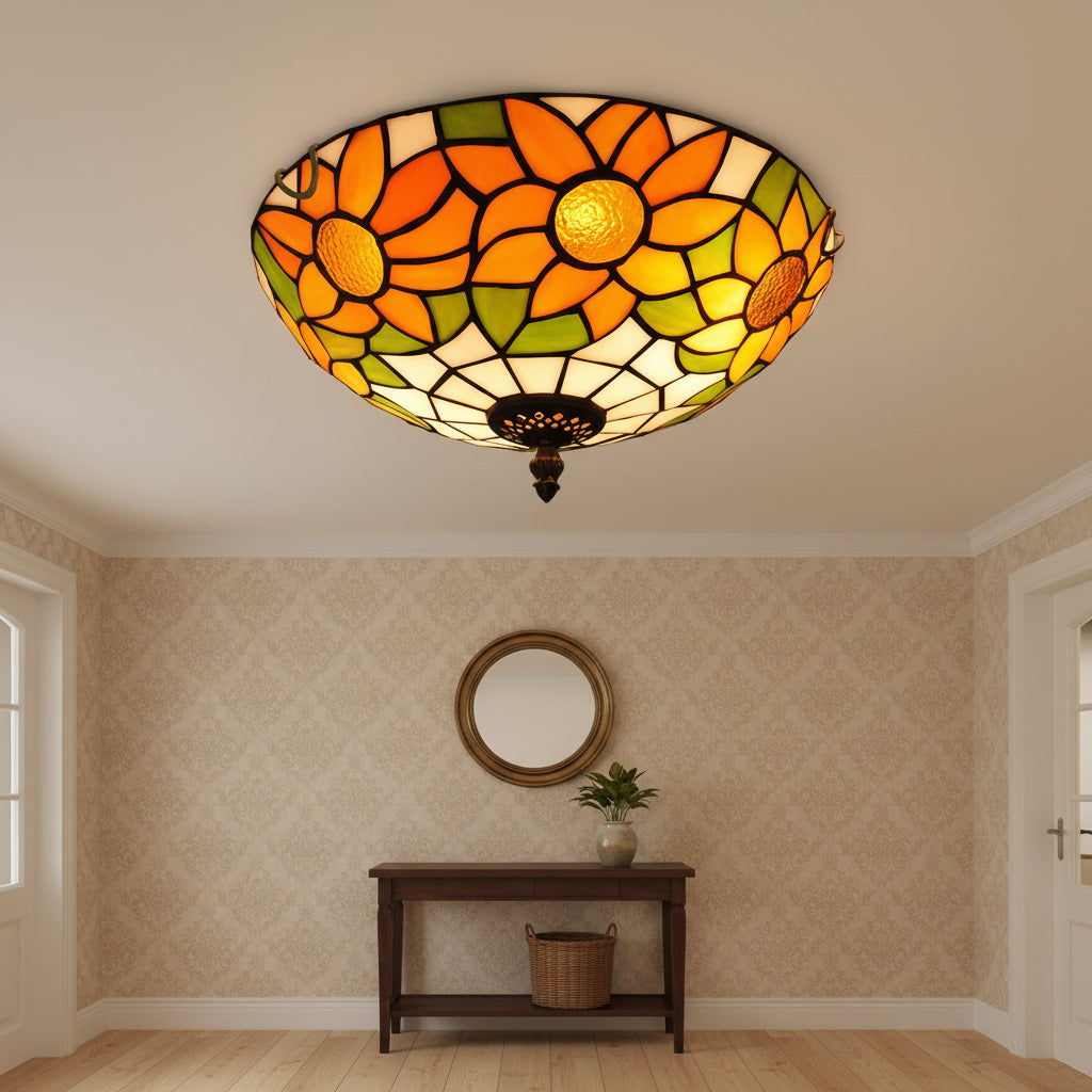 Plafonnier Rond en Vitrail Style Tiffany Tournesol