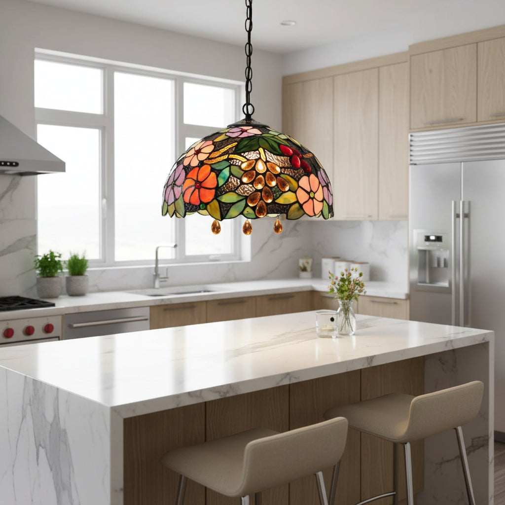 Suspension Vitrail Multicolore Motif Fleurs et Raisins