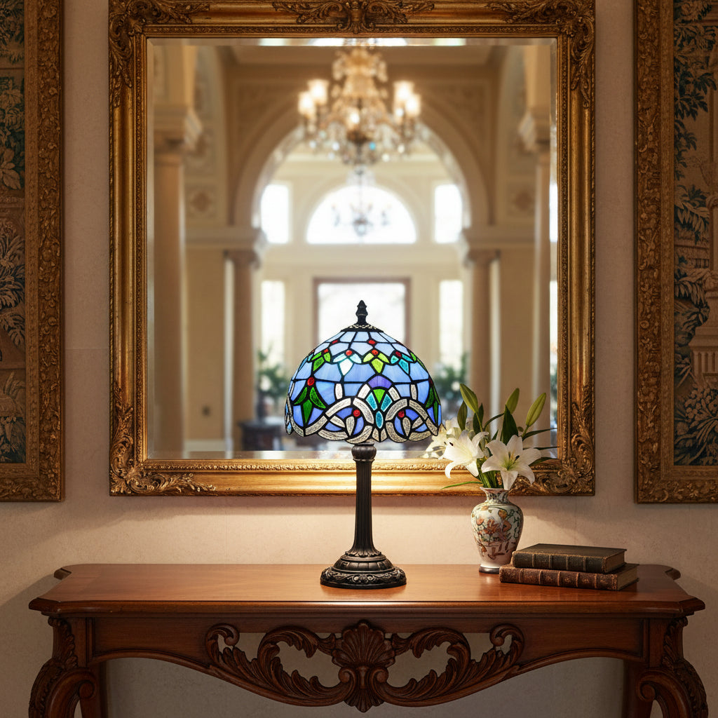 Lampe de Table Style Tiffany à Vitrail Floral Bleu