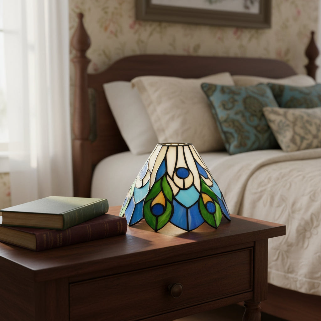 Abat-jour en Vitrail Tiffany Motif Paon Bleu Vert