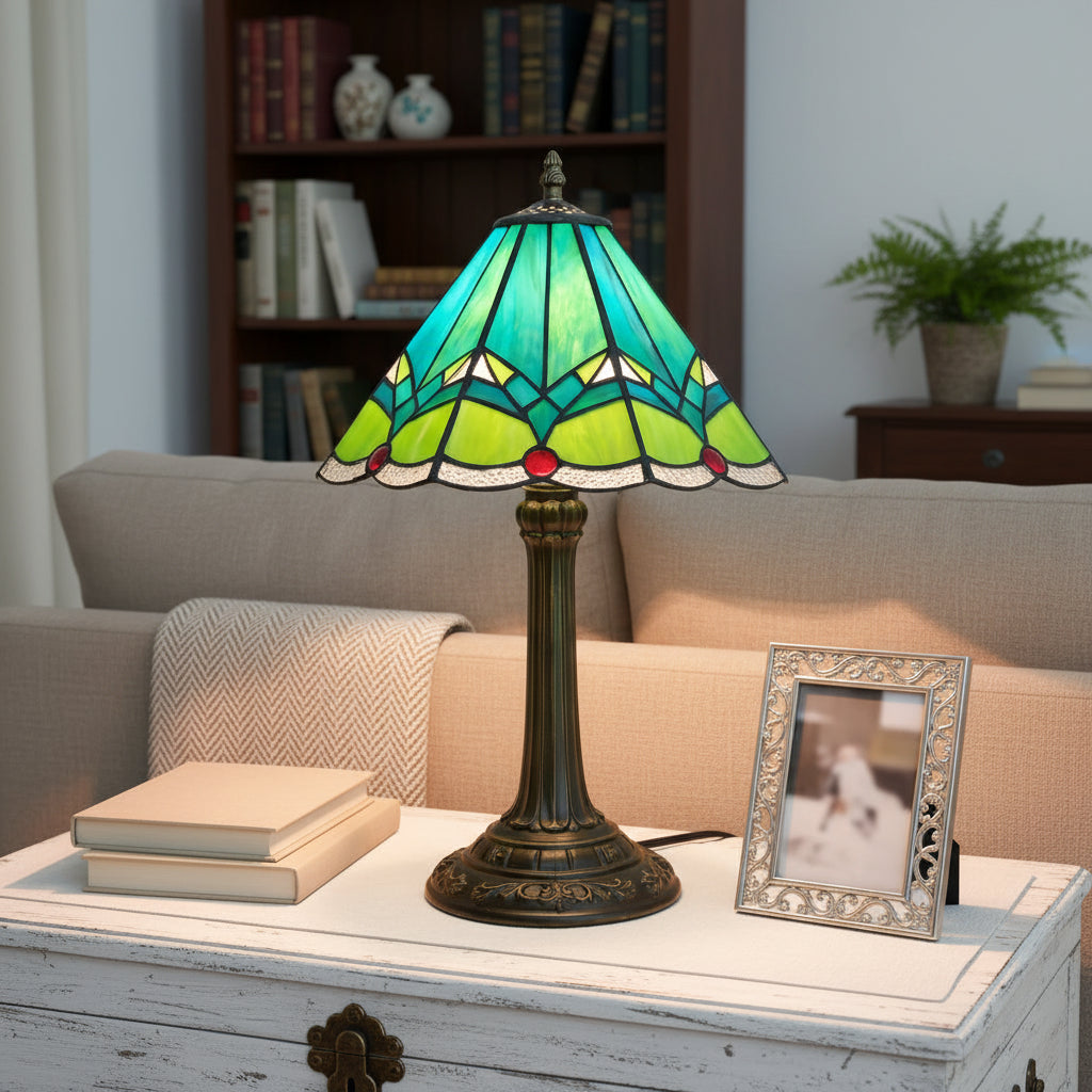 Lampe de Table en Vitrail Style Tiffany Vert Géométrique