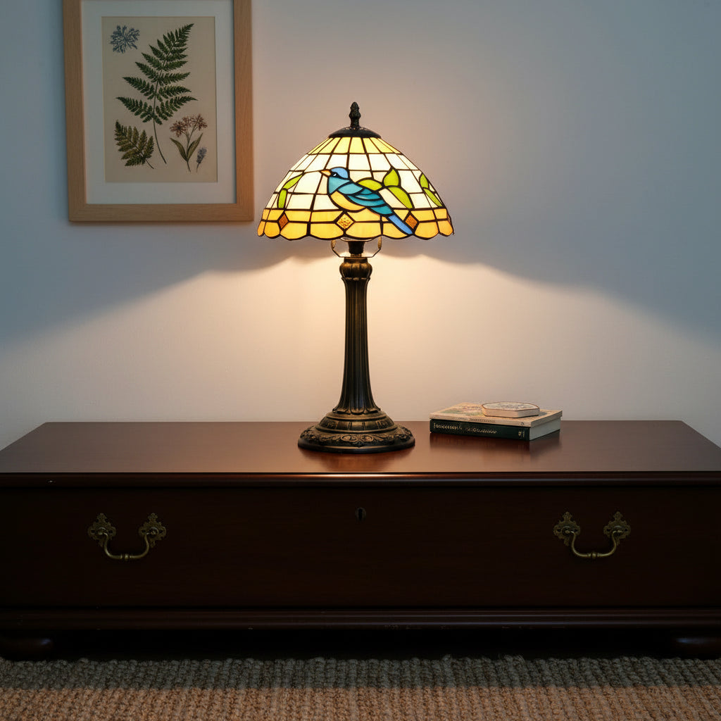 Lampe Tiffany en Vitrail à Motif Oiseau Bleu et Feuilles