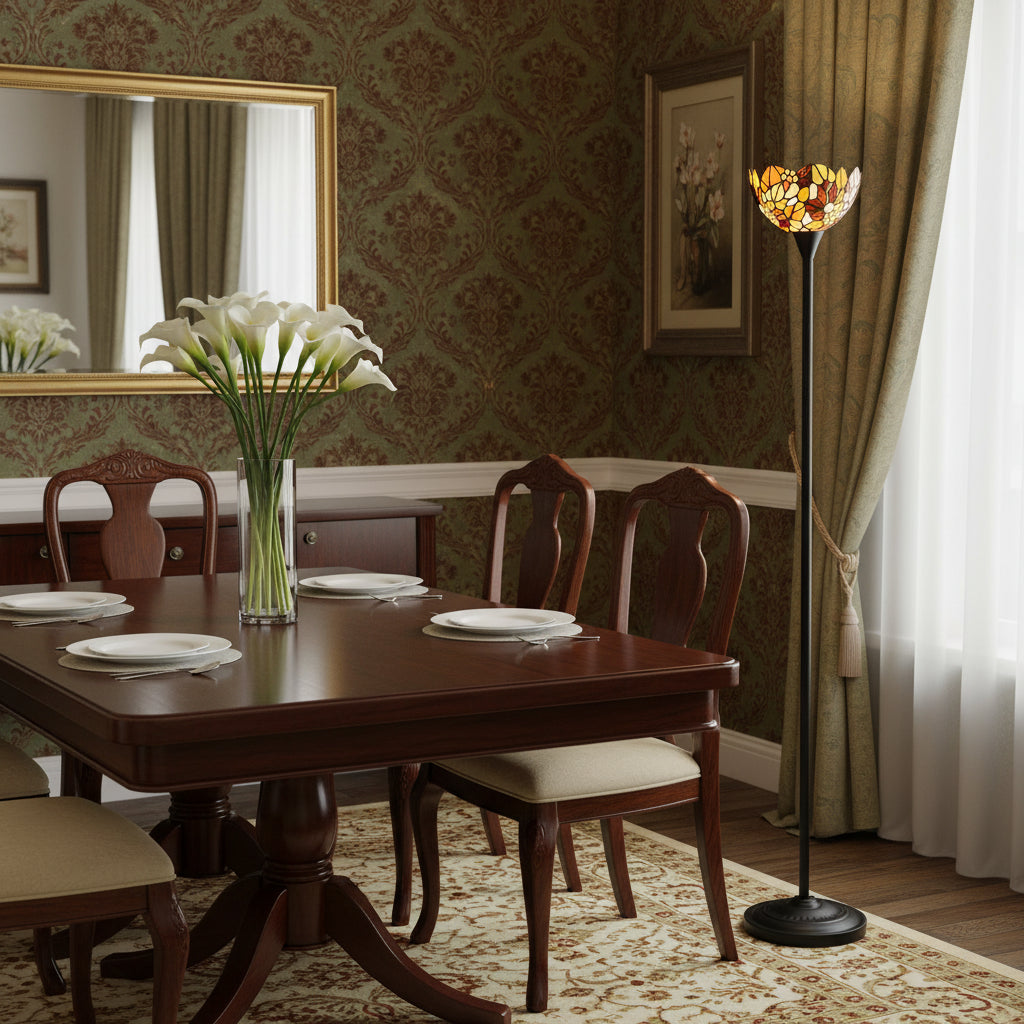 Lampadaire Style Tiffany Floral en Verre Teinté