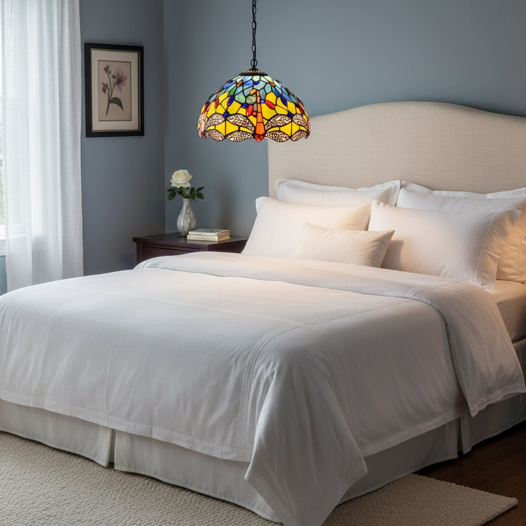 Suspension Tiffany en Vitrail Libellule Jaune Bleu