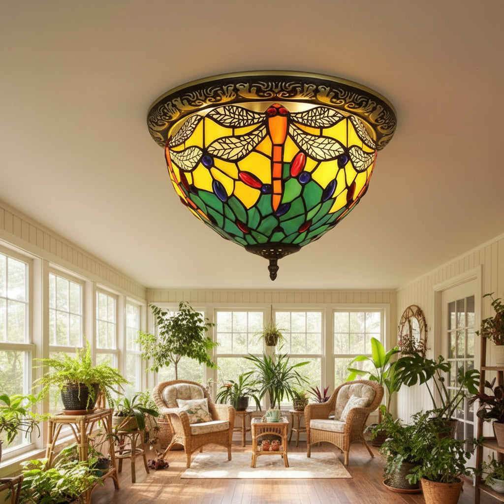 Plafonnier Style Tiffany Libellule en Verre Teinté