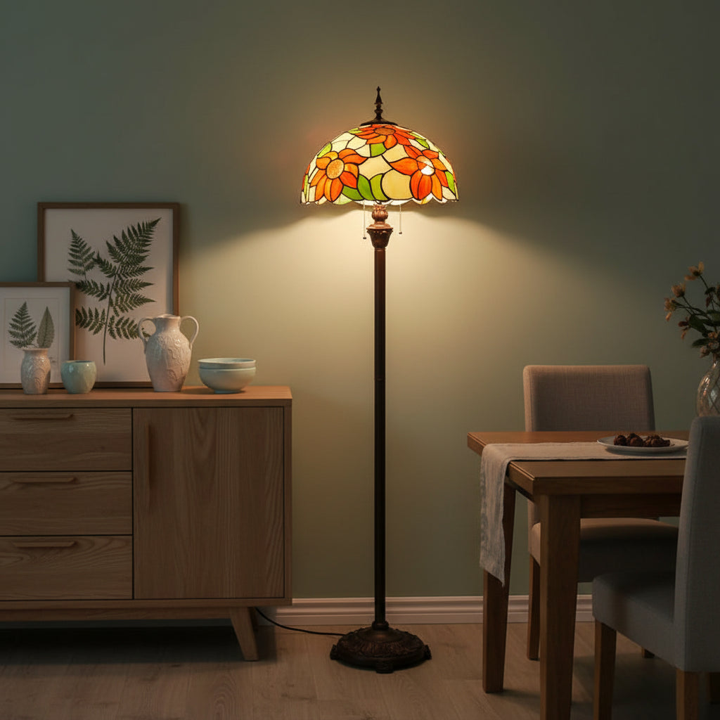 Lampadaire de Style Tiffany en Verre à Fleurs Oranges