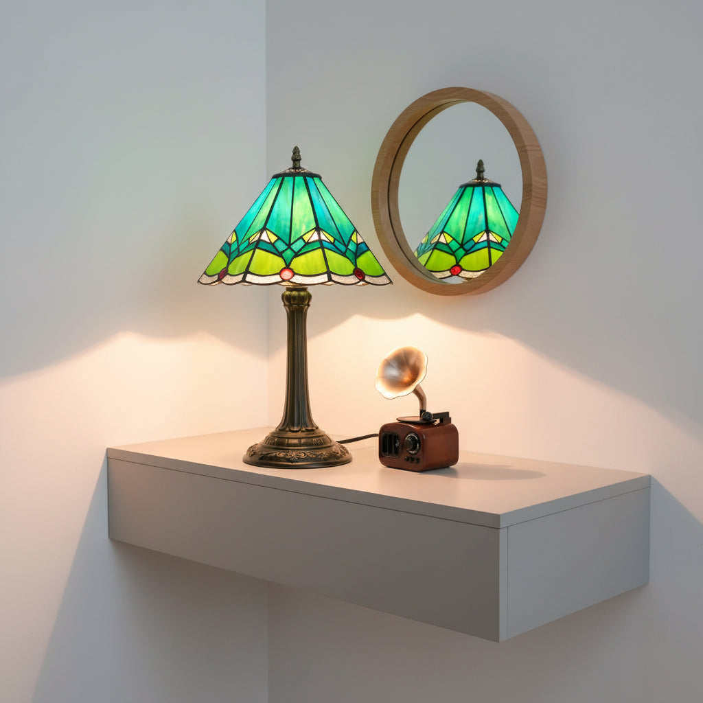 Lampe de Table en Vitrail Style Tiffany Vert Géométrique