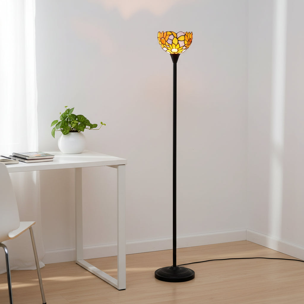 Lampadaire Tiffany Floral en Verre Jaune et Orange