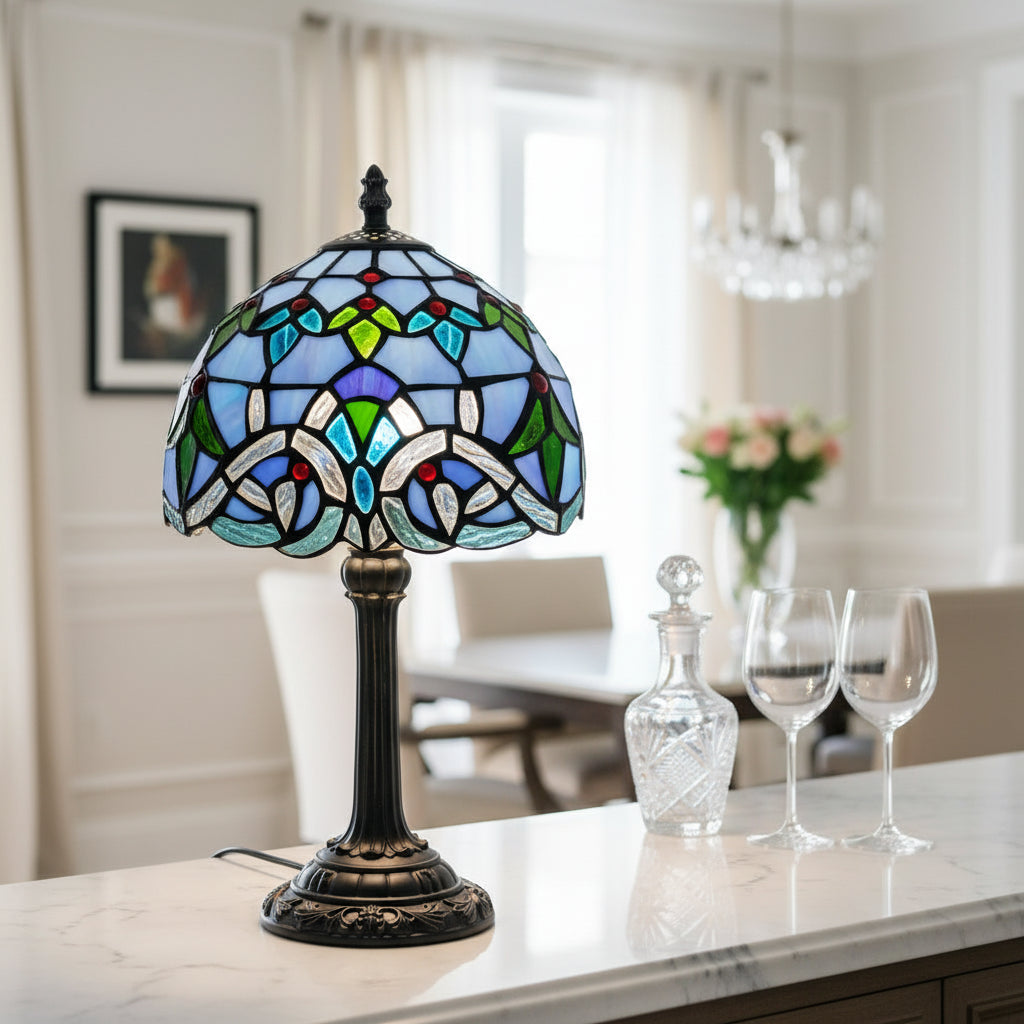 Lampe de Table Style Tiffany à Vitrail Floral Bleu