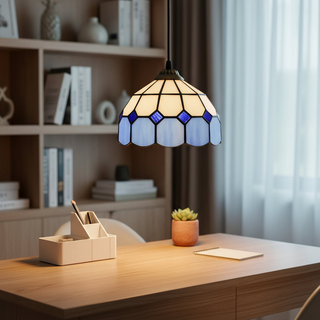 Suspension Luminaire Tiffany Géométrique Blanche et Bleue