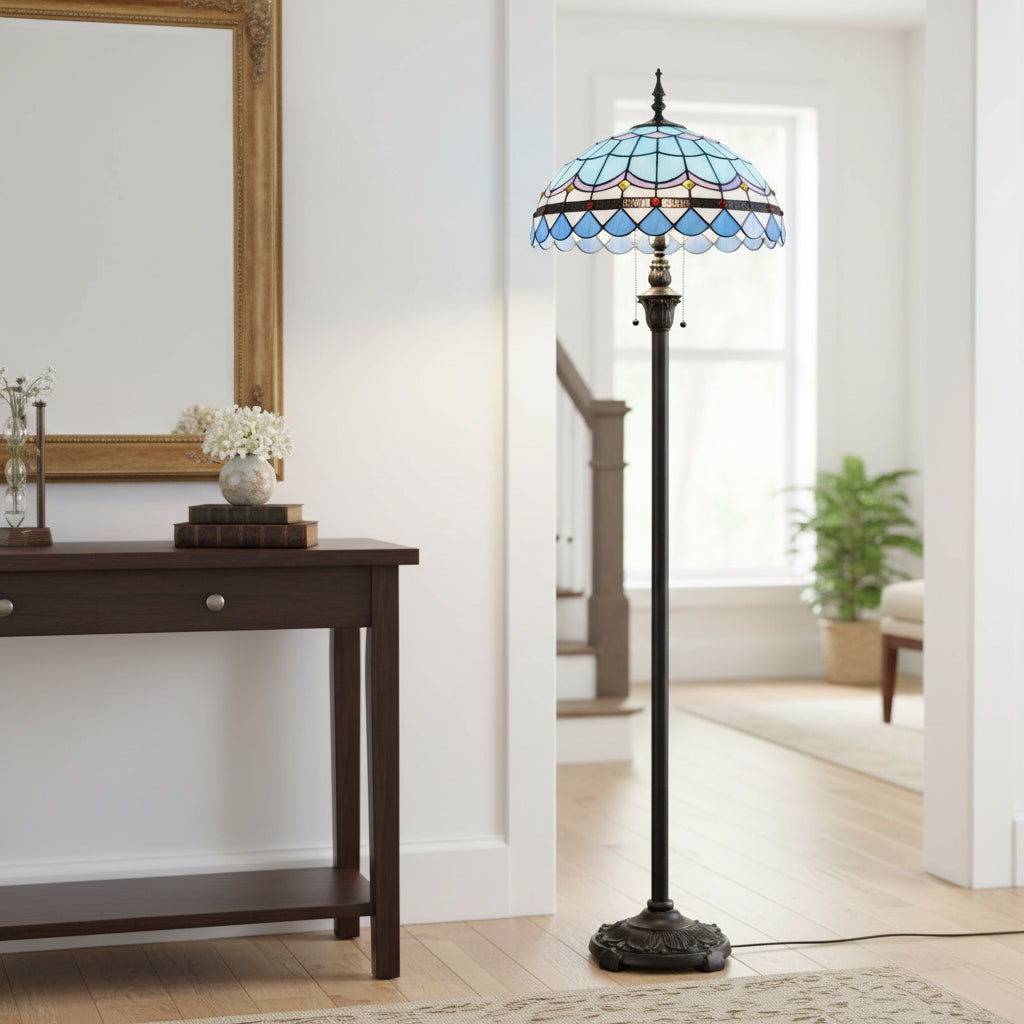Lampadaire Style Tiffany en Vitrail Bleu et Multicolore