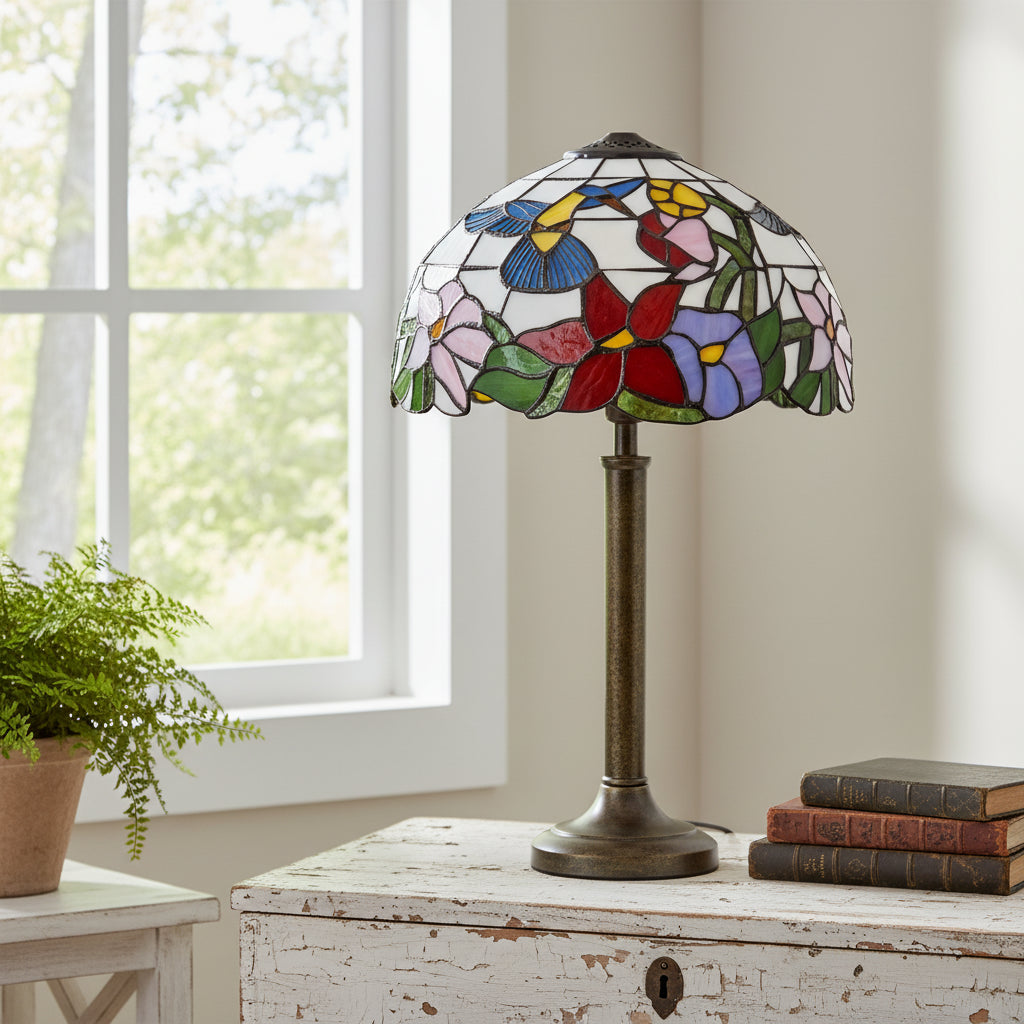Abat-jour Tiffany en Vitrail Colibri et Fleurs