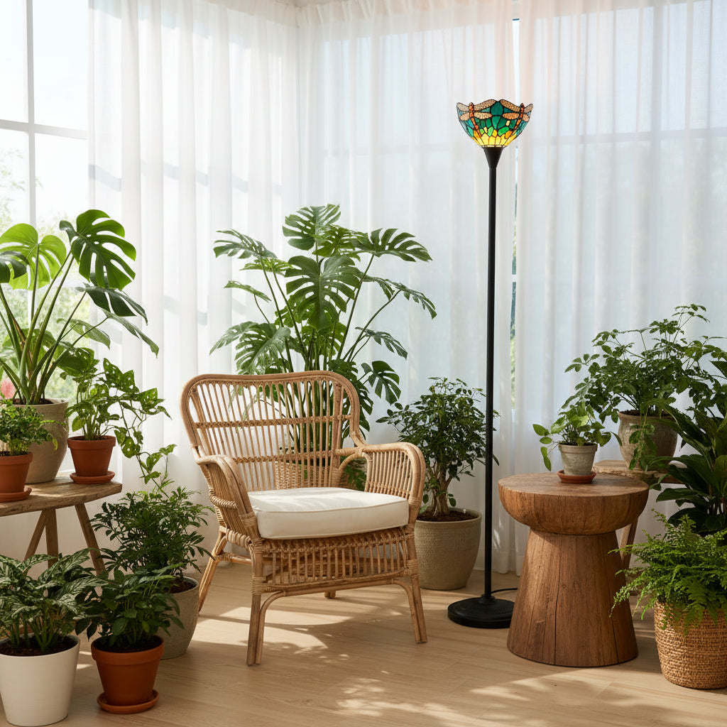 Lampadaire Style Tiffany en Vitrail Libellules
