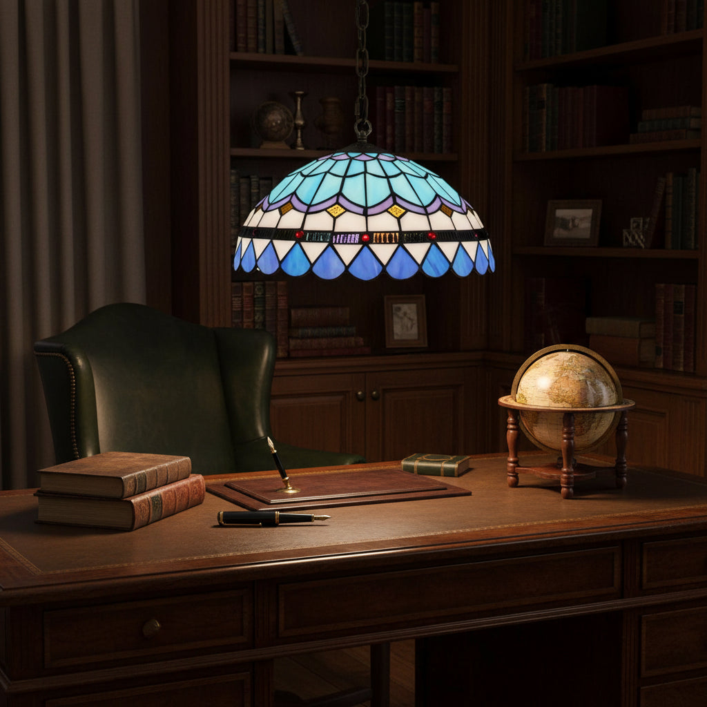 Suspension Luminaire en Vitrail Tiffany Bleue Géométrique D30cm