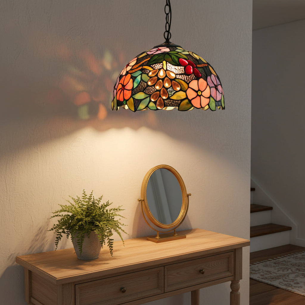 Suspension Vitrail Multicolore Motif Fleurs et Raisins