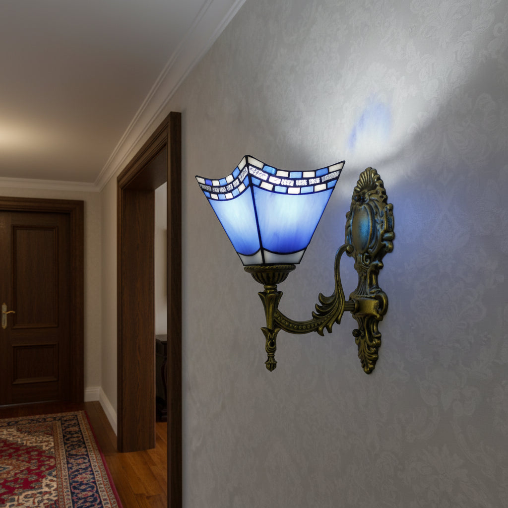 Applique Murale Ornée en Verre Bleu et Blanc