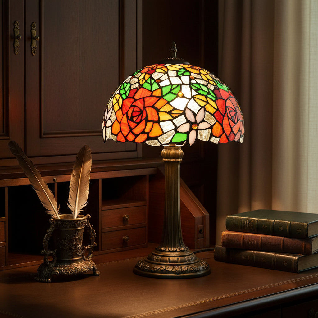 Lampe de Table en Vitrail Style Tiffany Roses